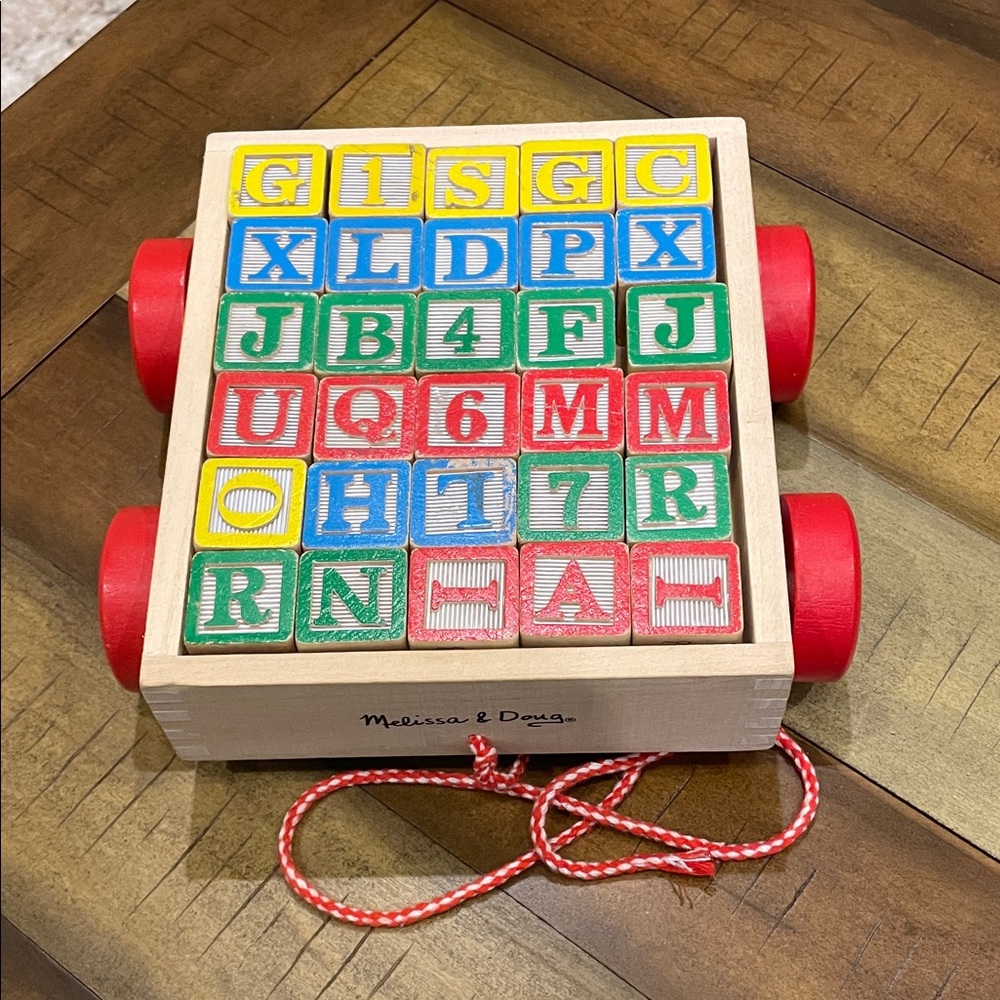 Melissa & Doug Wooden Block Cart with Red, Blue, Green, Yellow Blocks
